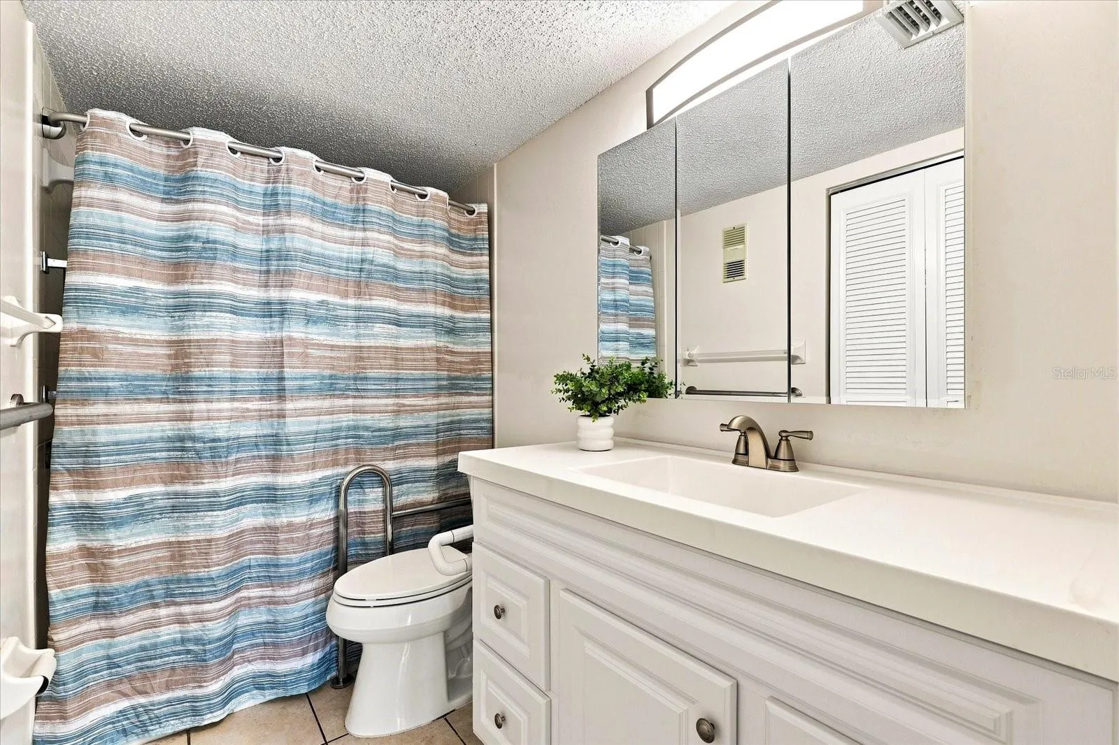 Primary bath: step-in shower with handrails.