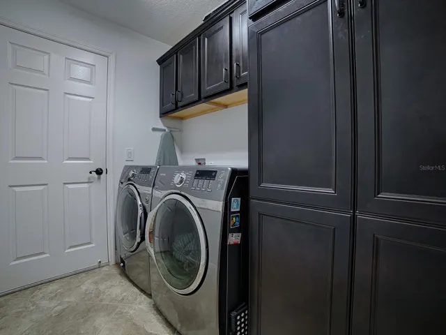 Pantry with extra storage. Front load washer and dryer do convey