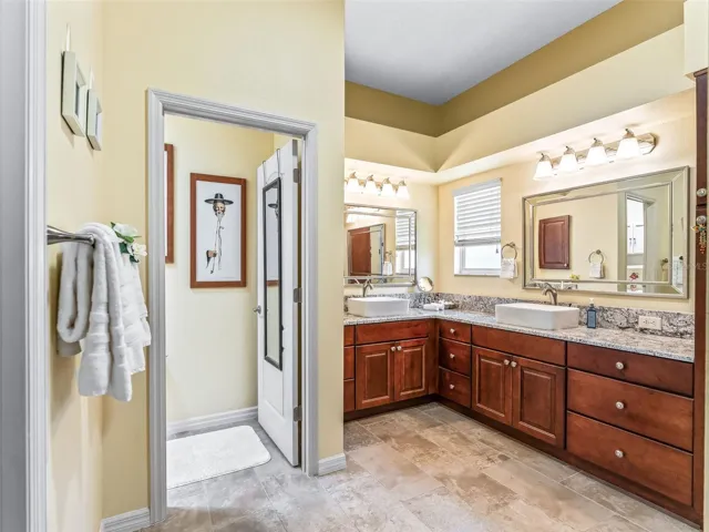 Large primary bath features an extended vanity with abundant cabinetry, generous counter space, dual mirrors, and bright overhead lighting.
