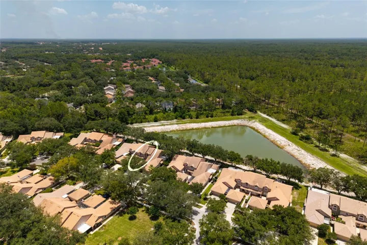 Aerial view lake and neighborhood