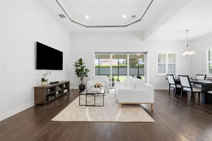 Open Living & Dining Room with 12ft Ceilings
