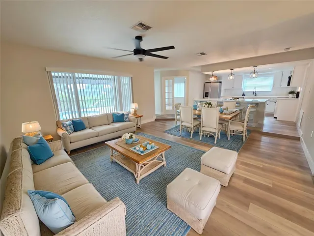 Virtual Staged Living Area, Dining Area, to Kitchen