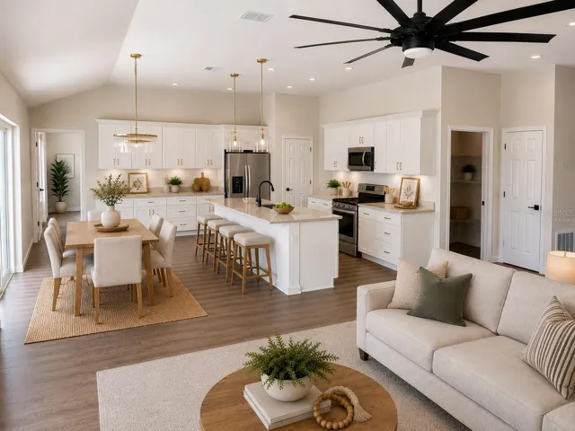 Virtually staged interior shot from LR to kitchen and dining