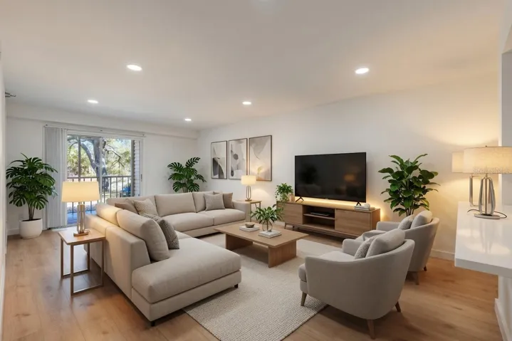 Spacious open-concept living room with luxury vinyl flooring, recessed lighting, and a bright, airy layout
