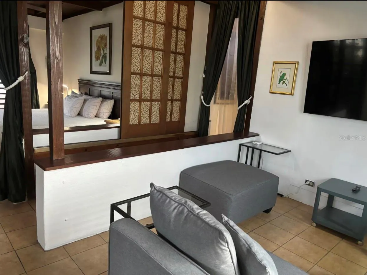 Penthouse view from living room to bedroom with sliding partition.