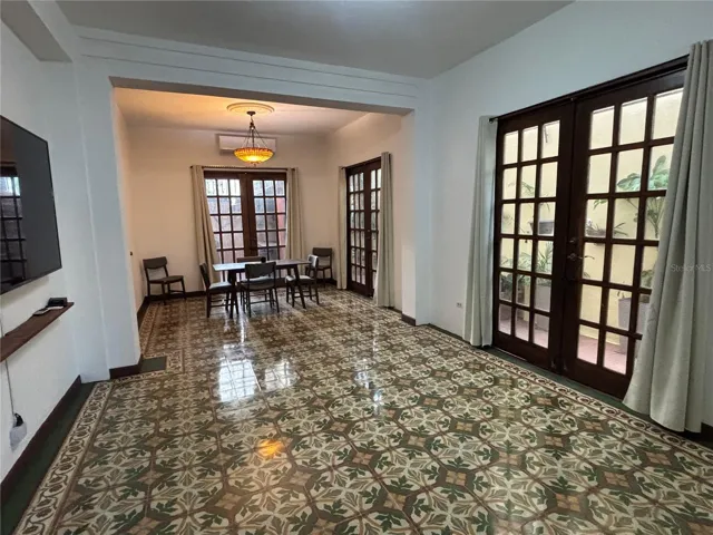 1st floor great room with french doors closed.