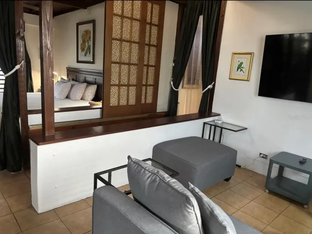 Penthouse view from living room to bedroom with sliding partition.