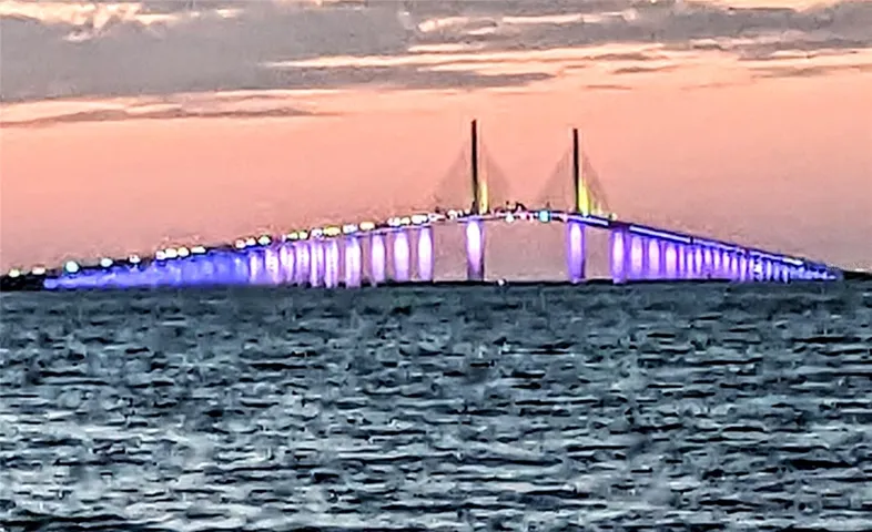 Our beautiful Sunshine Skyway Bridge changes colors at night.