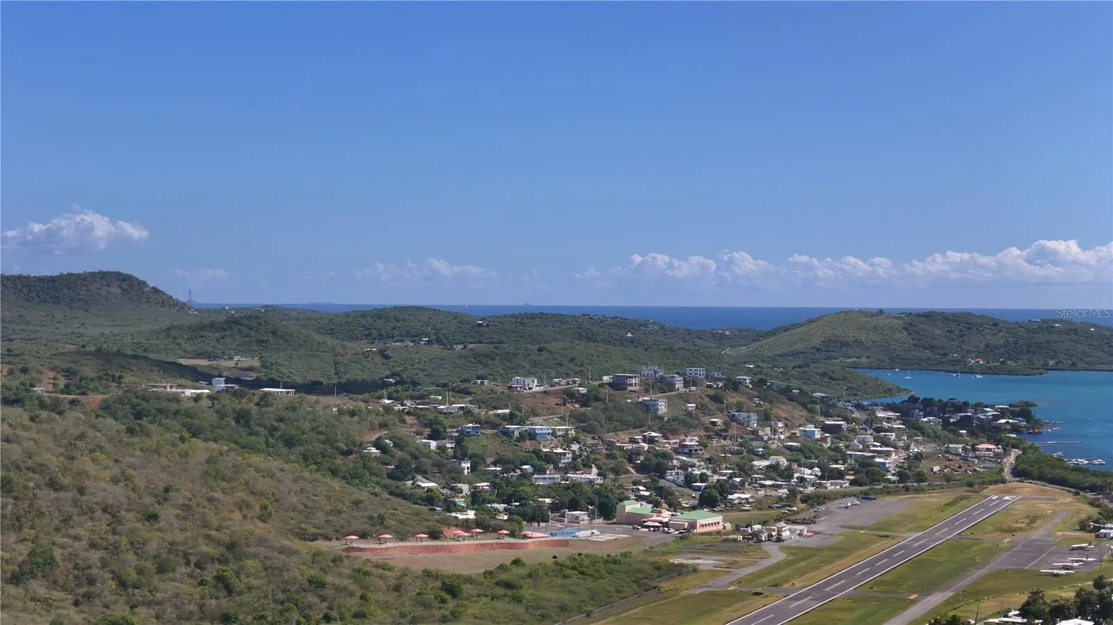 East View over airport, Ensenada Honda Bay, Caribbean Sea, Sail Rock