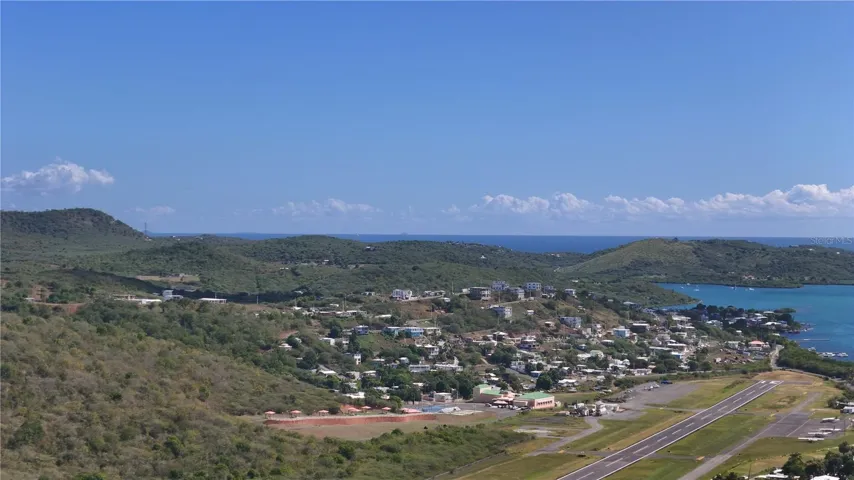 East View over airport, Ensenada Honda Bay, Caribbean Sea, Sail Rock