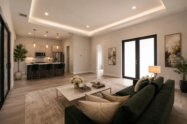 Virtually Staged Open Concept Living Room with Tray Ceiling