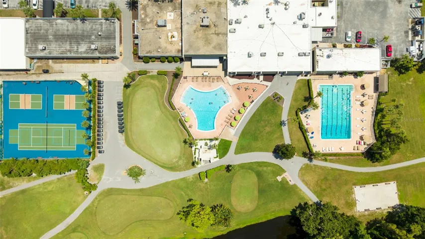 Aerial of Community Areas - Pool, tennis & pickleball courts