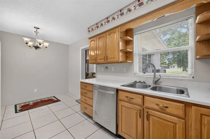 Kitchen sink and window view.