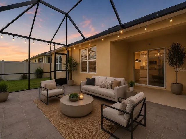 Virtually Staged enclosed outdoor patio in the back yard, perfect for grilling and entertaining