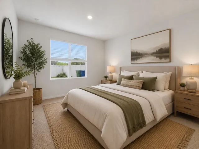 Virtually staged primary bedroom featuring a spacious layout that comfortably accommodates a king-size bed, allowing buyers to visualize the room's full potential.