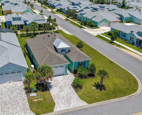 Beautiful aerial view of a coastal-style home featuring a paved driveway, palm trees, and a neatly manicured lawn. The surrounding neighborhood highlights charming, colorful houses along a quiet street.