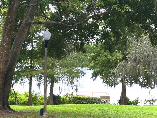 Community lake front area, with towering oak trees, great for picnics, play space, or fishing off the dock area.
