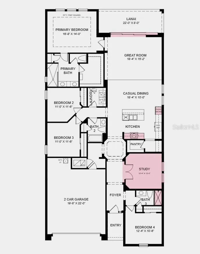 Floor Plan - Additional Highlights Include: pocket sliding glass door in great room, shower in place of tub in bathroom 3, French doors into the study, refrigerator, and pre-plumb for laundry sink