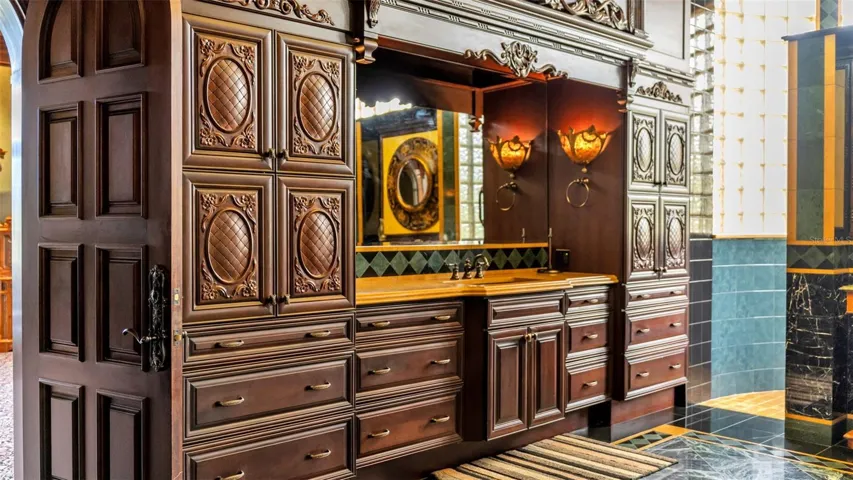 Custom Hardwood Doors & Cabinetry in Primary Bathroom, Curated custom  Lighting.
