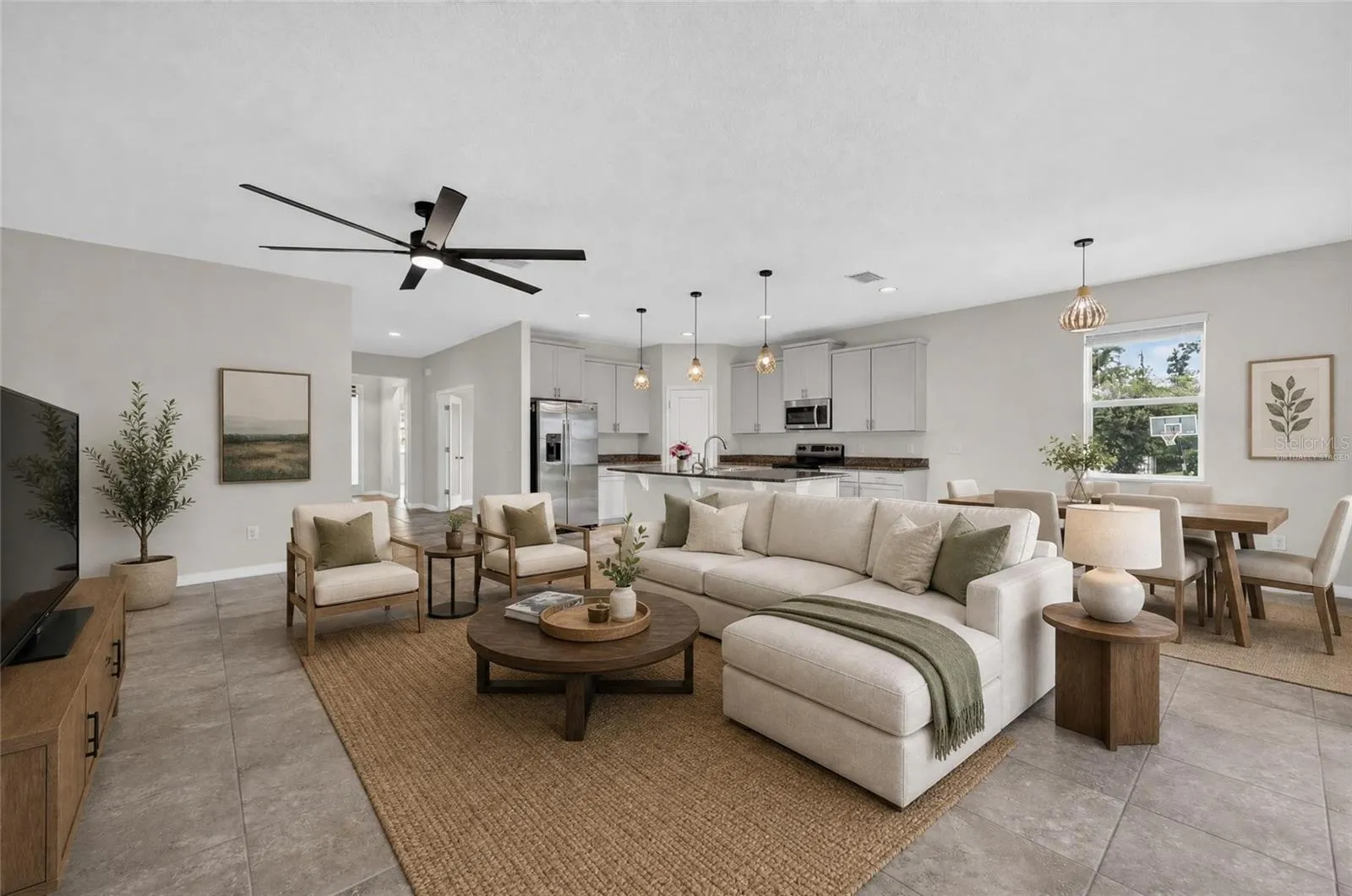 Virtually staged living room and dining area