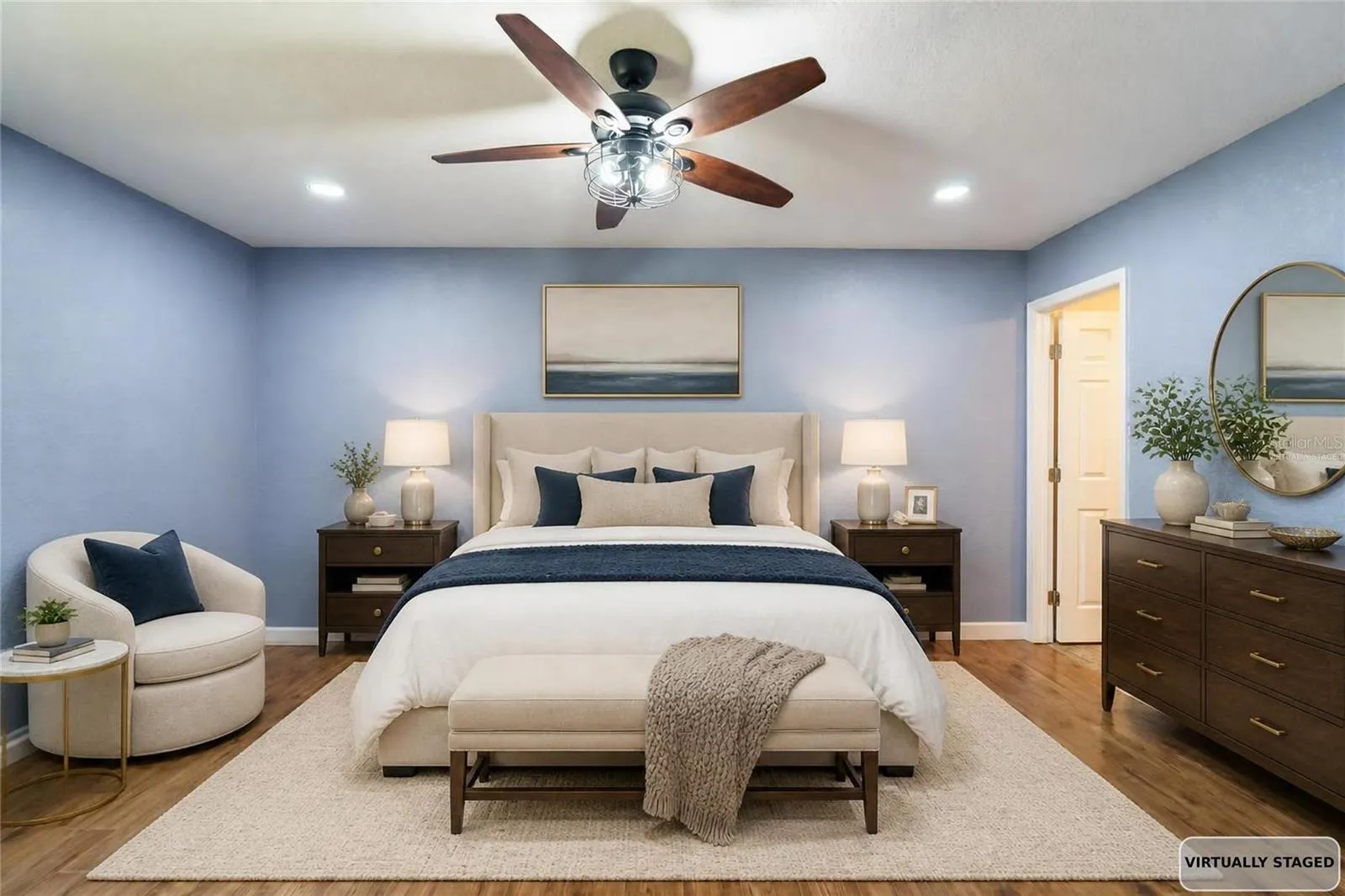 Virtually staged primary bedroom