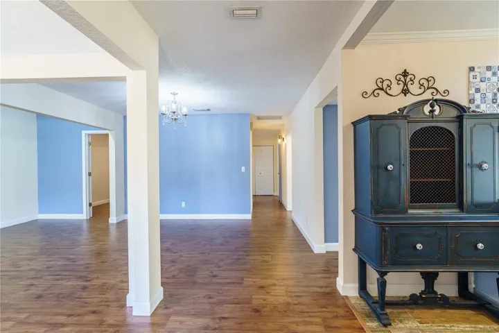View from front door of great room on left and dining room