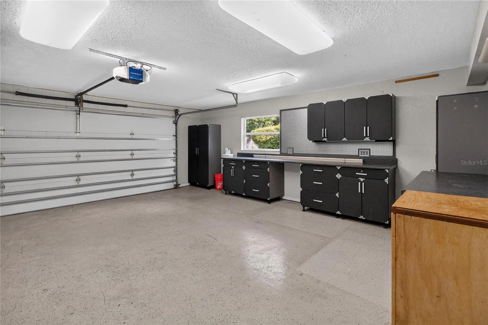 Garage w/ cabinetry, shelving strategically placed electrical outlets throughout w/ WORKSHOP lighting.