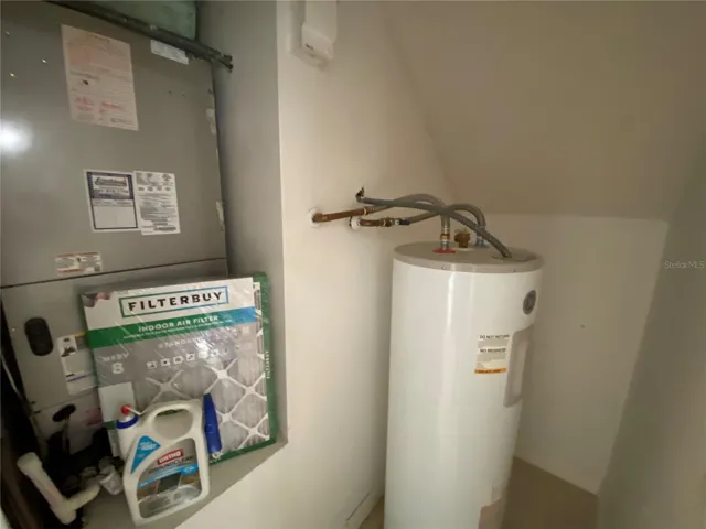 HVAC and Electric Water Heater under Stairway.