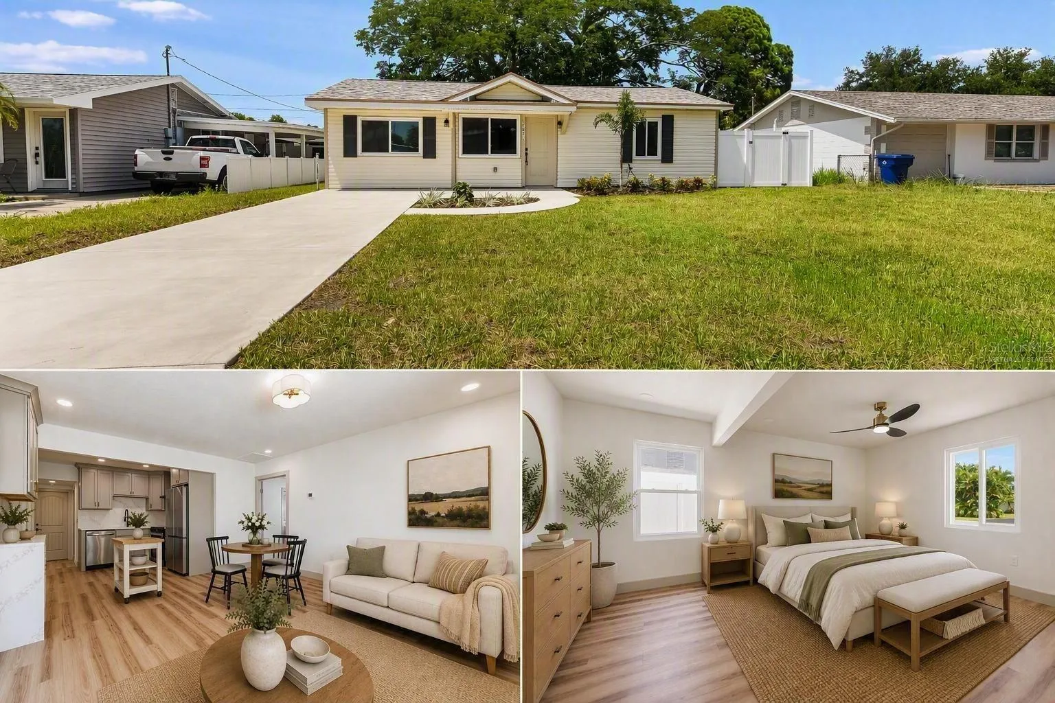 Virtually Staged, Front Elevation, Primary Bedroom, Great Room and Kitchen.