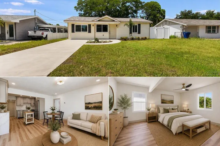 Virtually Staged, Front Elevation, Primary Bedroom, Great Room and Kitchen.
