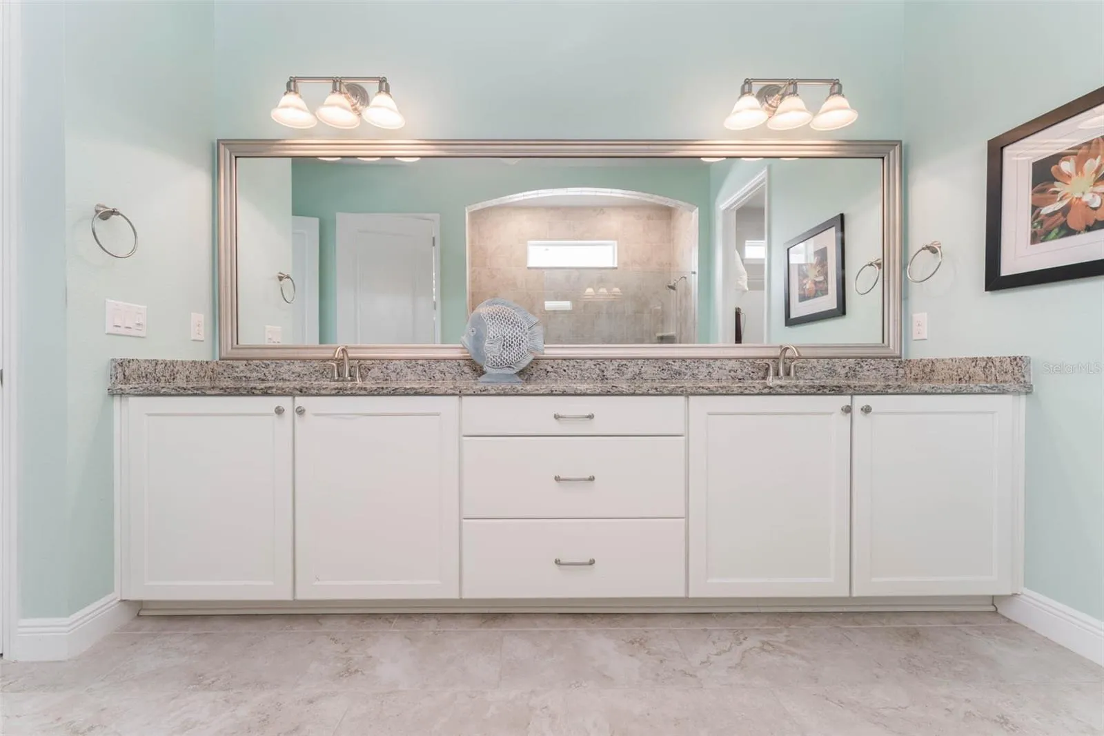 Spa like Primary Bath with Large Walk in Shower, Vanity with Dual Sinks, Granite Tops &amp; Plentiful Cabinetry with Drawers