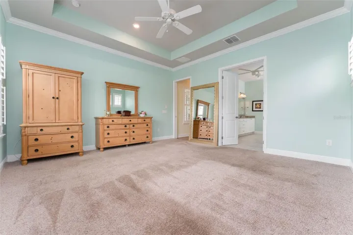 Primary Suite with Tray Ceiling &amp; Wall of Windows Overlooking Private Backyard