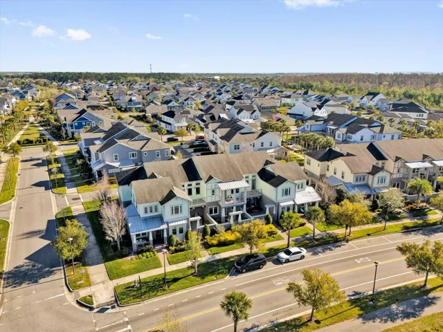 Bird's-eye view of the vibrant, tree-lined Laureate Park community.