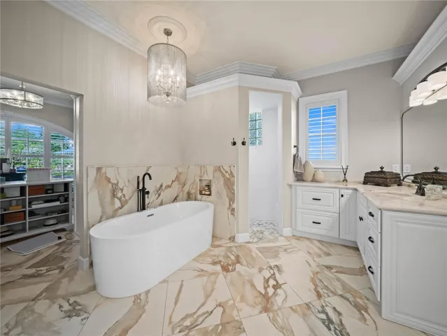 Soaking tub with jets and lights.
