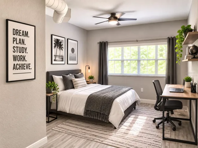 Living room virtually staged as a bedroom by ChatGPT