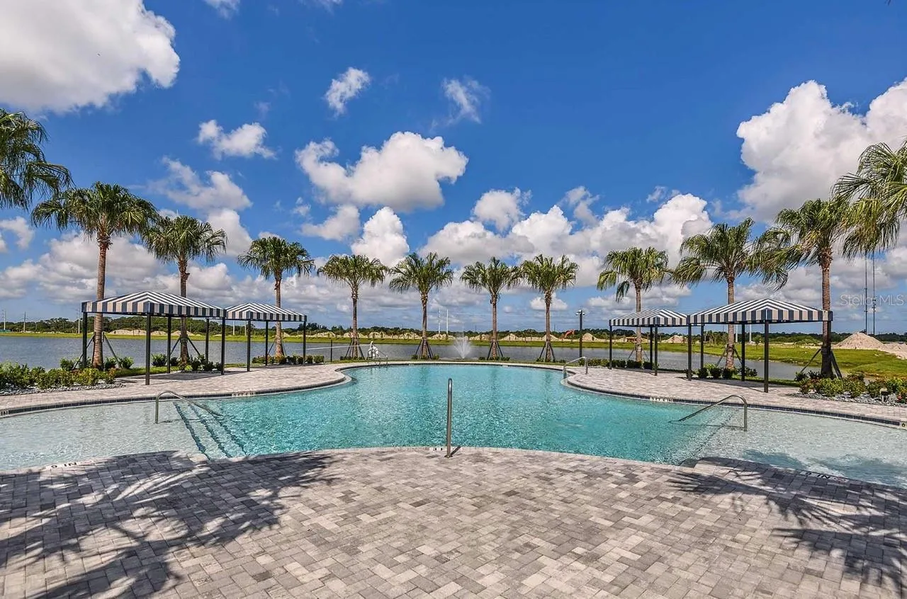 A geometric lap-style pool stretches beneath an open sky, lined with palms and lounge space for residents to swim laps or unwind poolside. The clean-lined design offers a quieter alternative to the resort pool for an everyday dip.