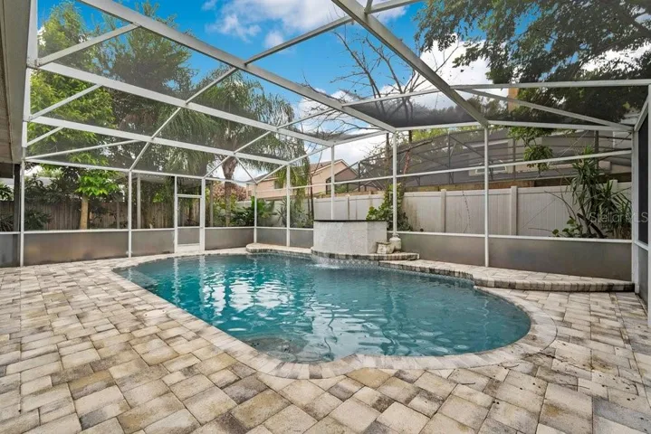 Paver Deck and Screen In Pool with Water / Fire Feature
