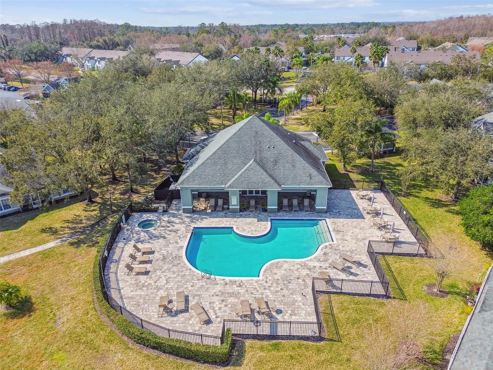 Aerial view of pool and clubhouse.