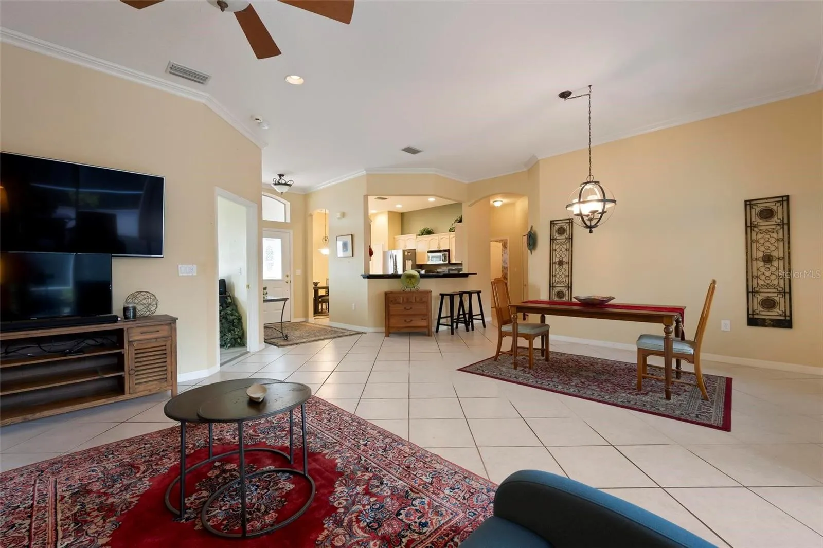 View from living room toward dining room and kitchen