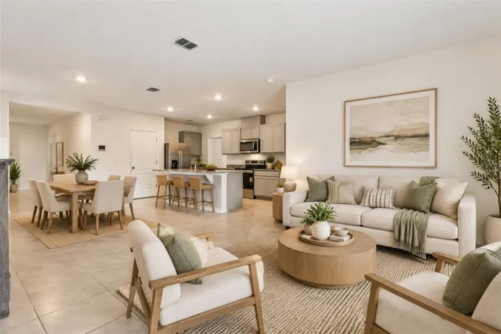 Virtually staged living room/diningroom kitchen combo