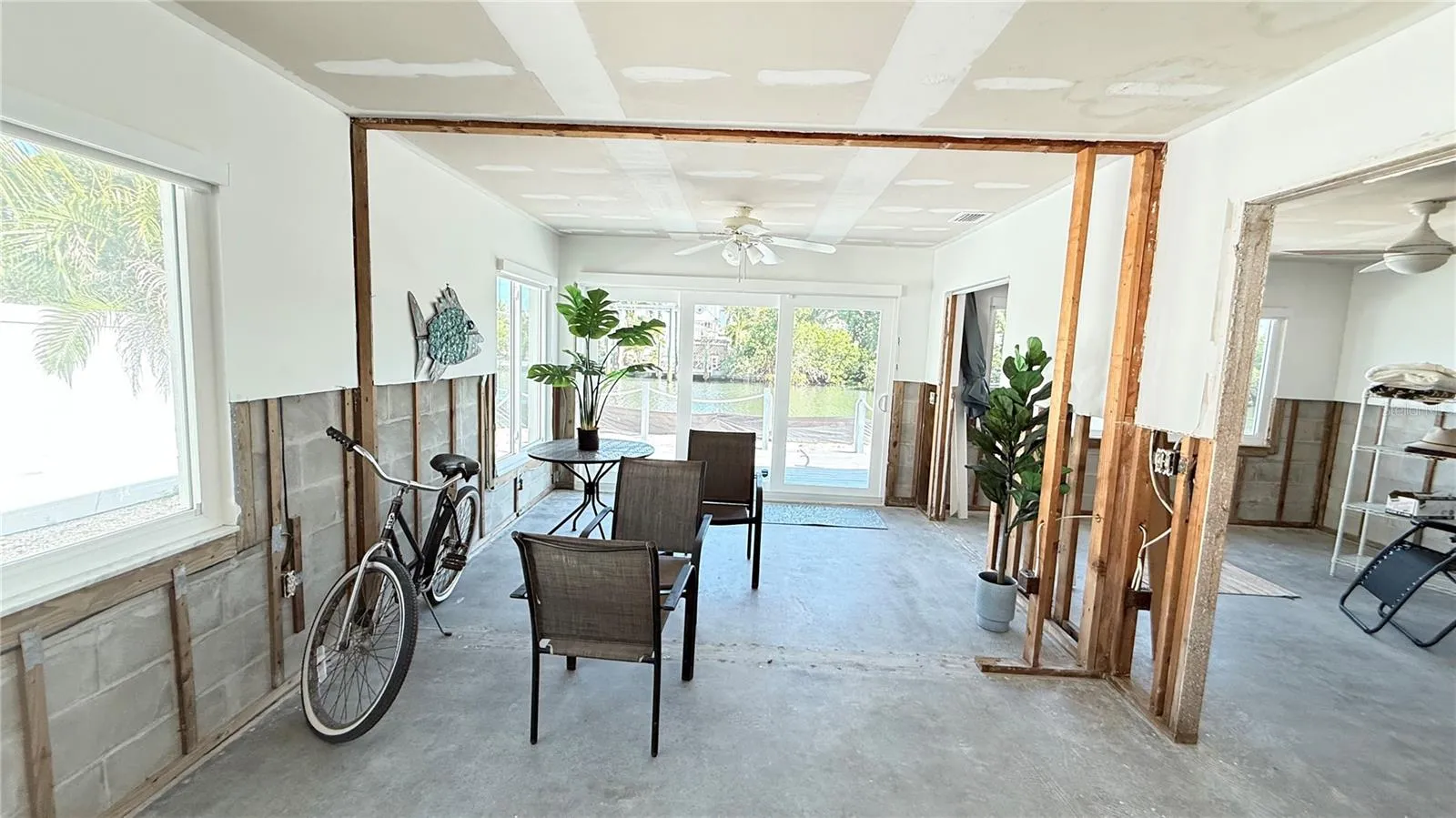 Living area looking toward canal with bedrooms off to the right