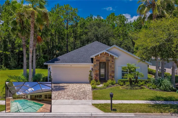 Charming single-story exterior featuring stone accents, a paver driveway, and manicured tropical landscaping. An inset image highlights the private, screened-in pool patio complete with a pool.