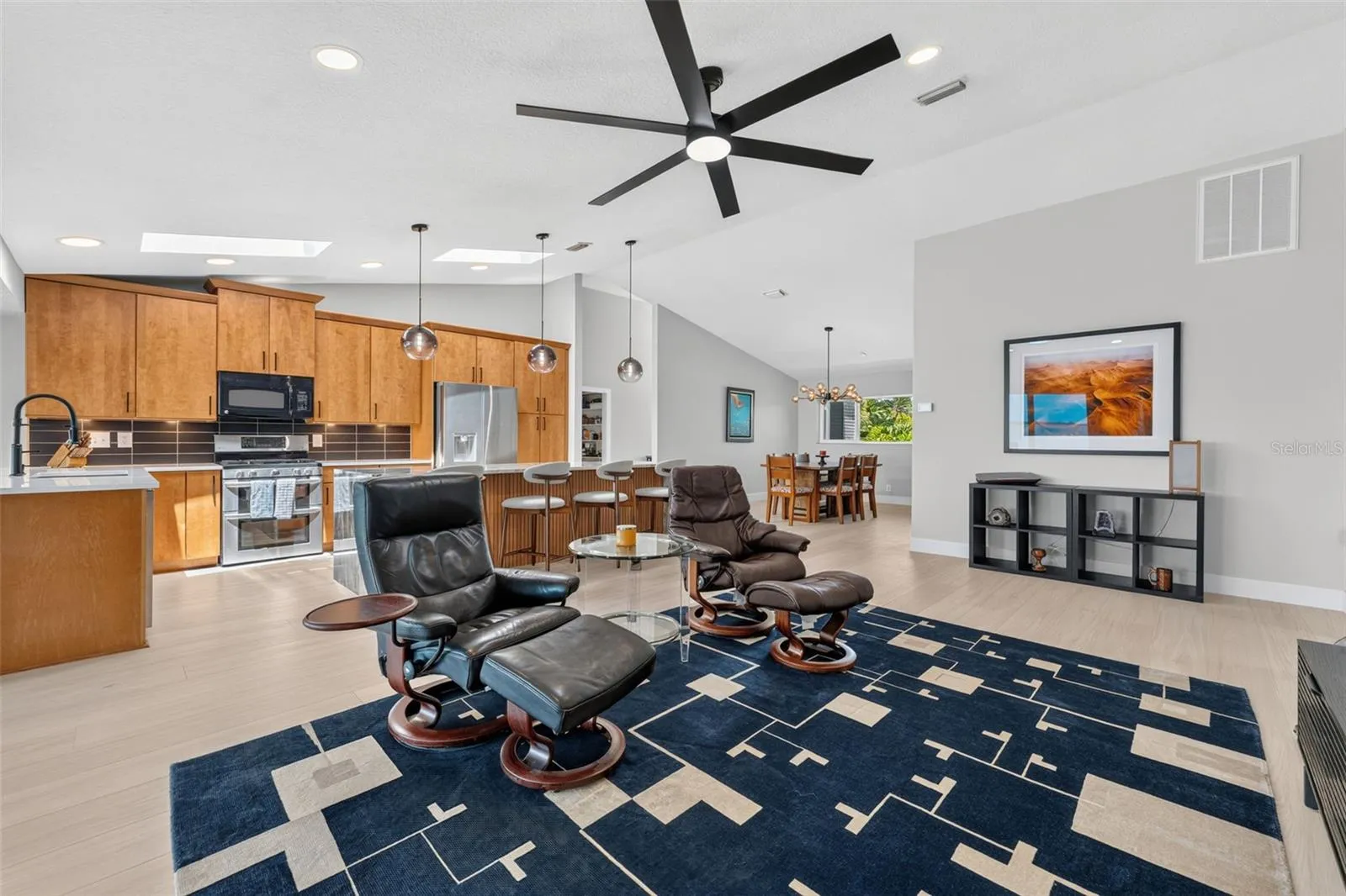 Family room with new ceiling fan