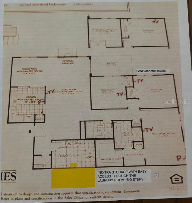 Floor plan (yellow highlighted area is extra storage accessed through laundry room)