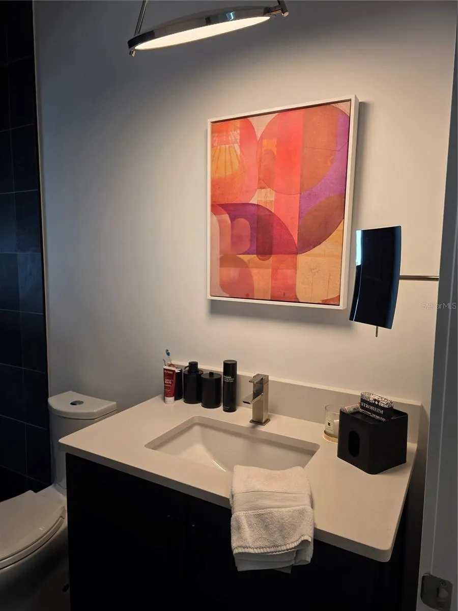 2nd bathroom has beautiful natural slate flooring and shower walls along with distinctive designer touches