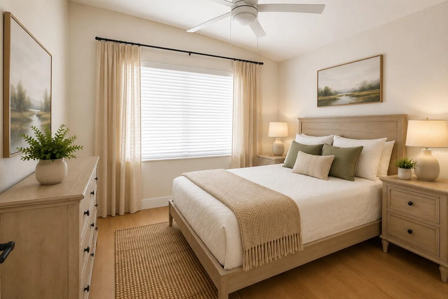 Comfortable secondary bedroom featuring vaulted ceilings, a ceiling fan, and a custom closet organization system that can be easily reconfigured to suit your storage needs.