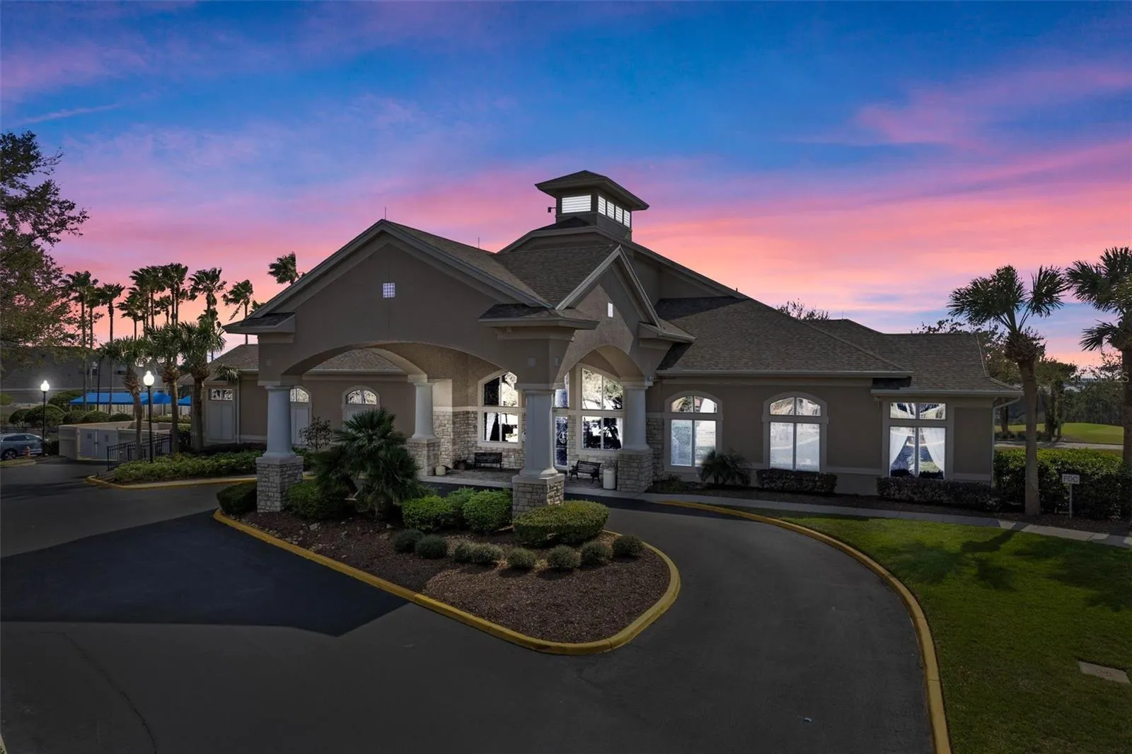 Community clubhouse at twilight