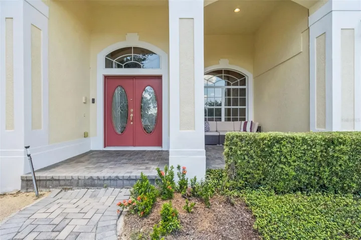 Covered front entry with double doors