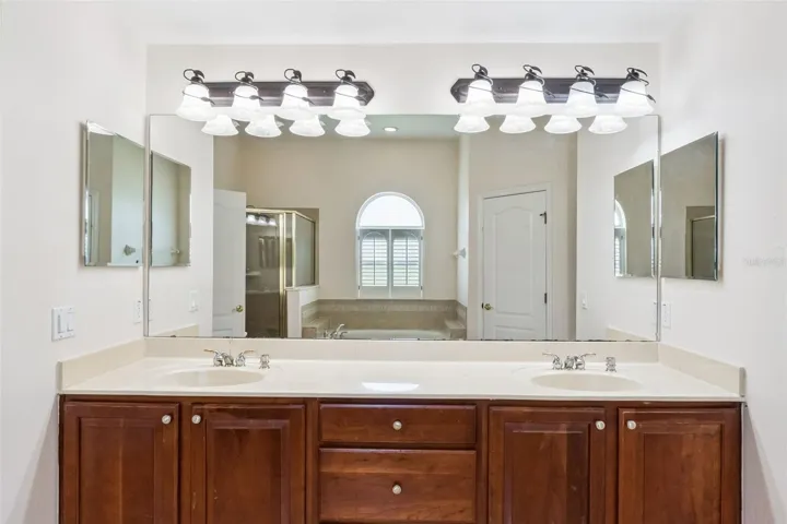 Primary bathroom with dual sink vanity