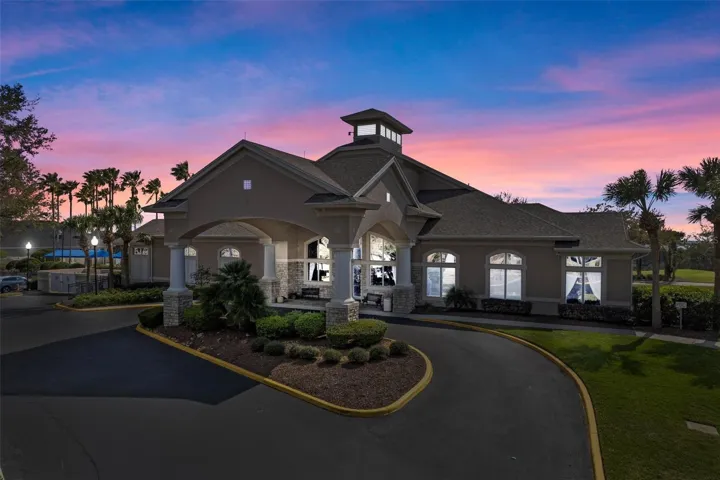 Community clubhouse at twilight